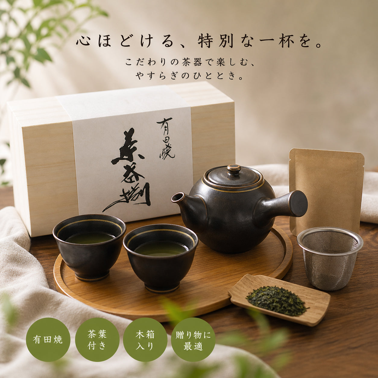 有田焼 茶器セット 黒マット（急須＋湯呑2客＋茶葉付）｜桐箱入り ギフト対応