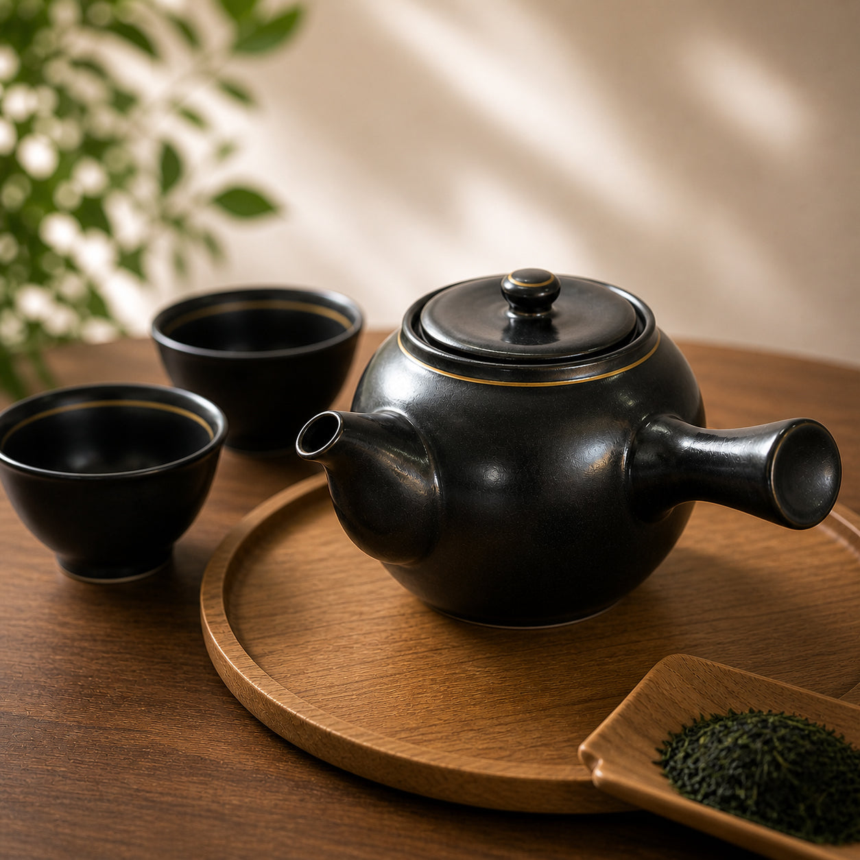 有田焼 茶器セット 黒マット（急須＋湯呑2客＋茶葉付）｜桐箱入り ギフト対応